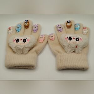 Charming Tan Kids Mittens with Labubu Designs